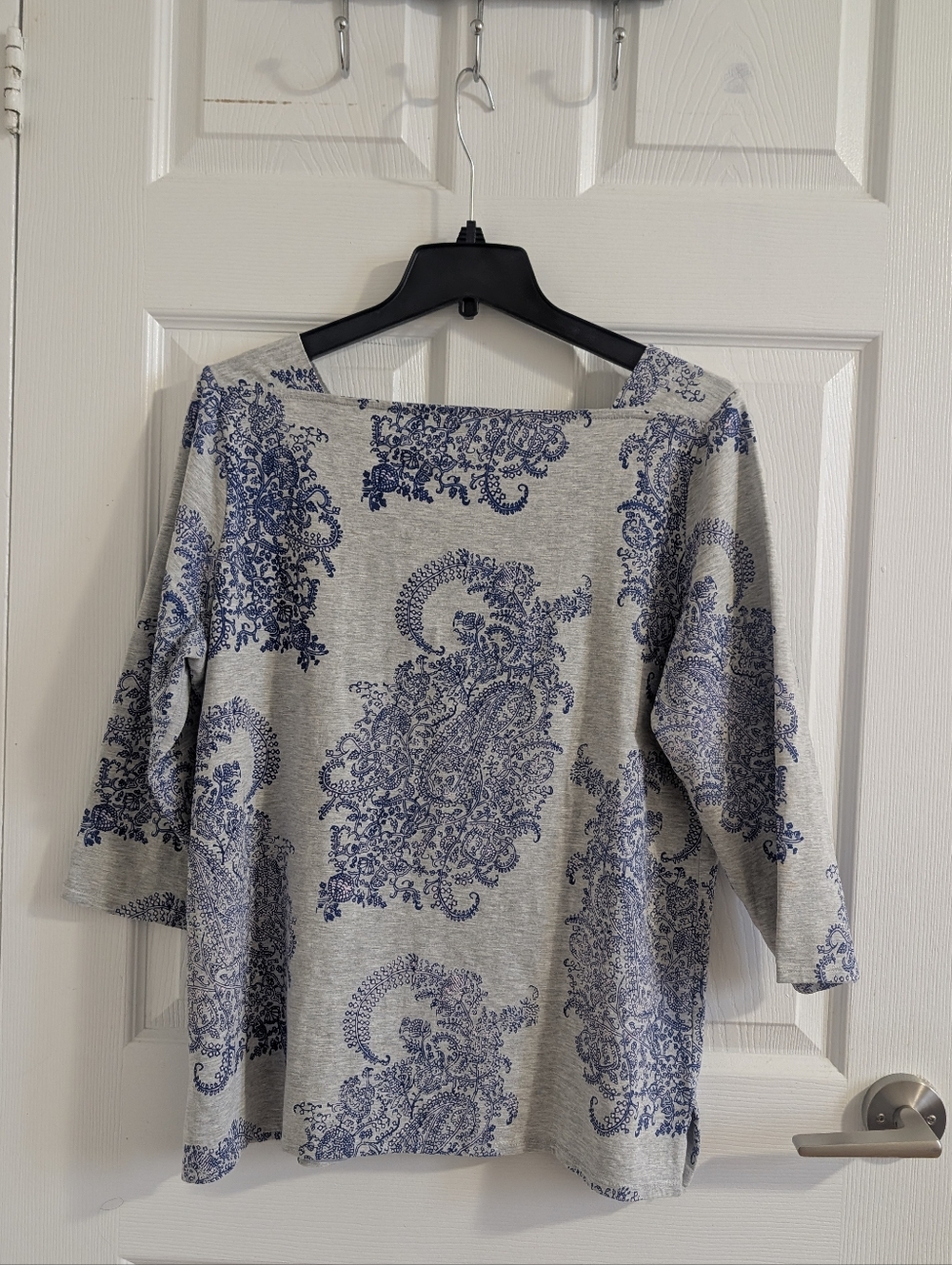 Cleo Grey & Blue Paisley Square Neck Cotton Top, Boho Coastal Grandmother XL